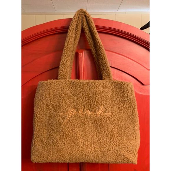 PINK Victoria's Secret Brown Berber Fleece Tote Bag Purse Sherpa Embroidered EUC - Picture 1 of 7